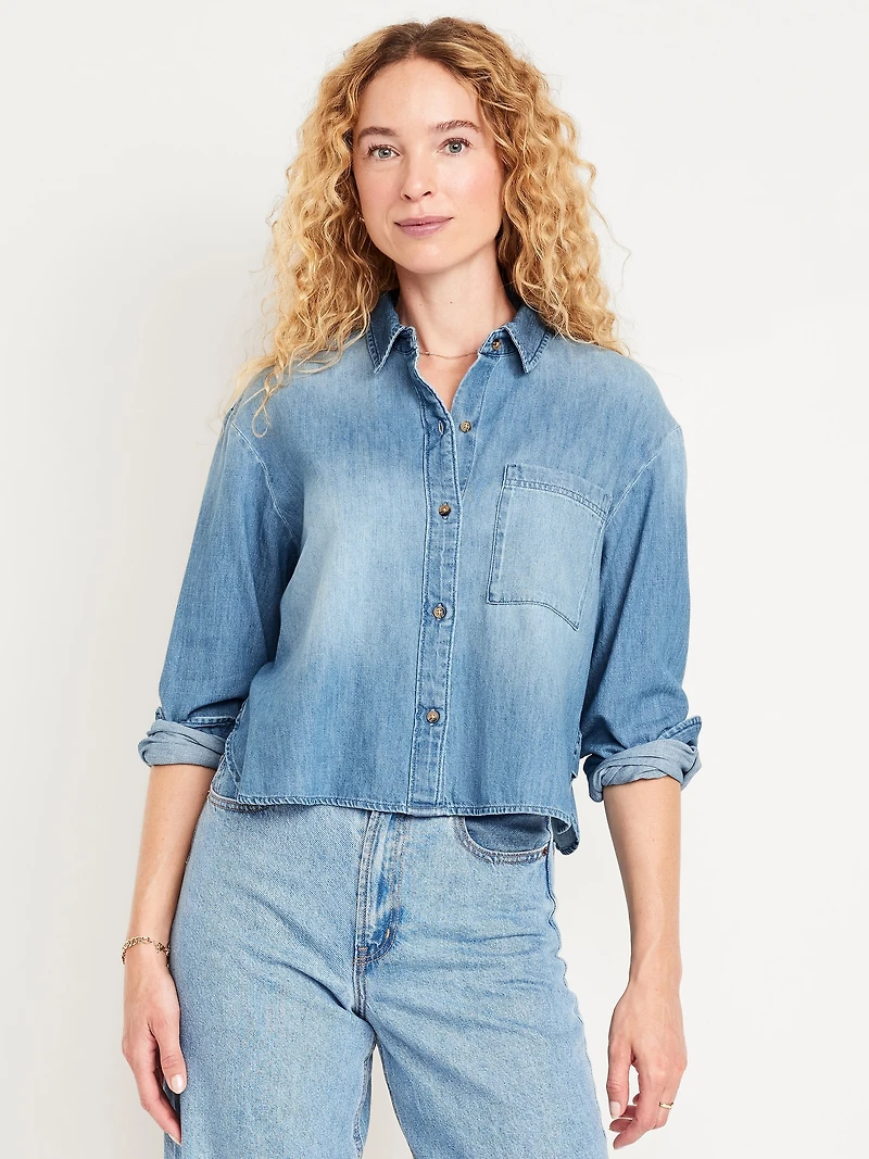 Cropped Button-Down Denim Shirt