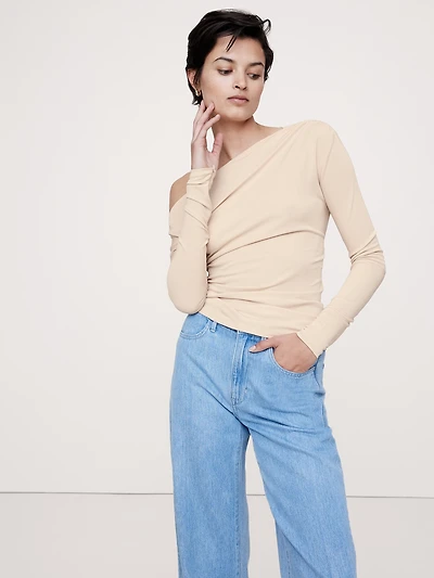 Crepe Knit Twisted Long-Sleeve Top