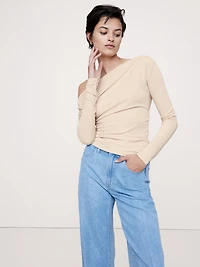 Crepe Knit Twisted Long-Sleeve Top