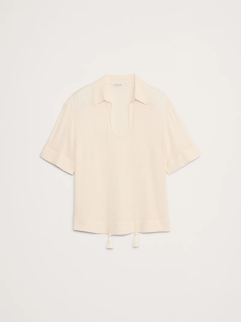 Gauze Tassel-Tie Popover Shirt