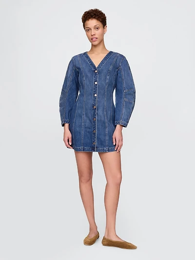 Denim Barrel-Sleeve Mini Dress