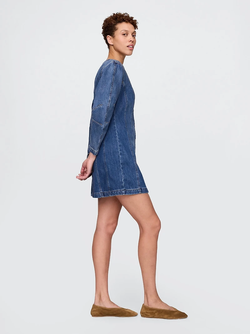 Denim Barrel-Sleeve Mini Dress