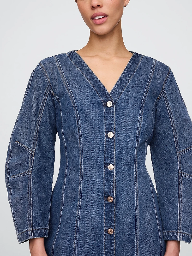 Denim Barrel-Sleeve Mini Dress
