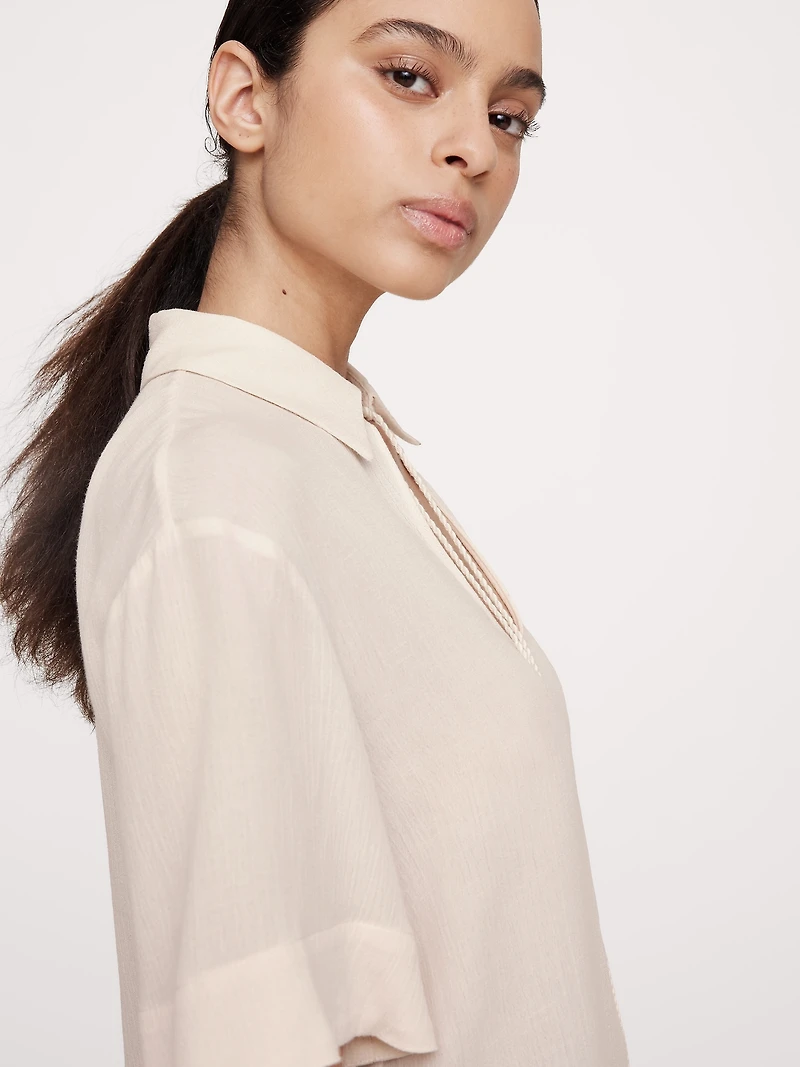 Gauze Tassel-Tie Popover Shirt
