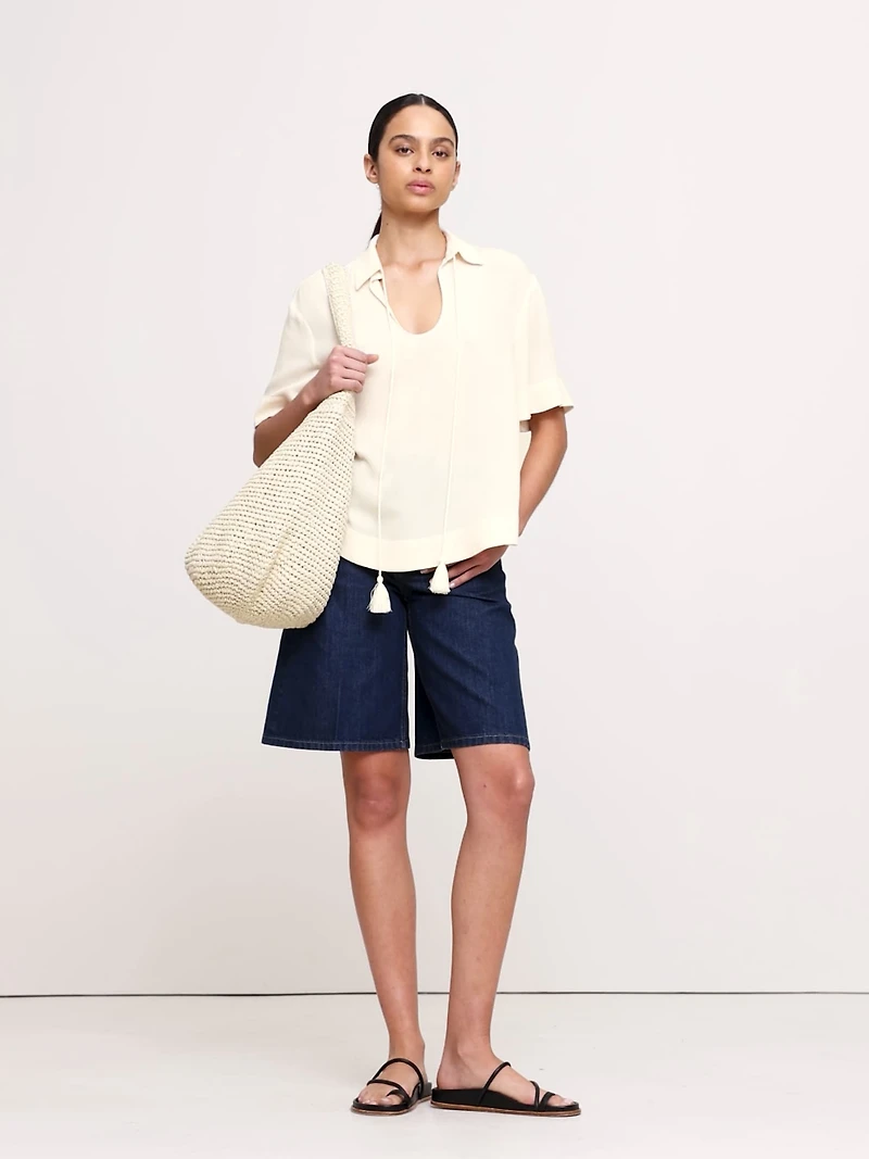 Gauze Tassel-Tie Popover Shirt
