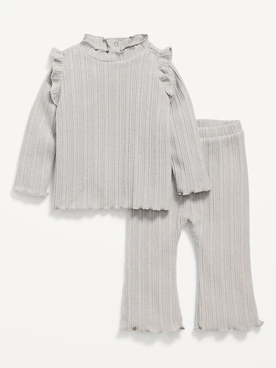 Cozy Long-Sleeve Ribbed Ruffle-Trim Top and Pants Set for Baby