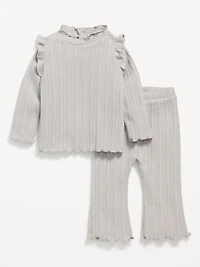 Cozy Long-Sleeve Ribbed Ruffle-Trim Top and Pants Set for Baby