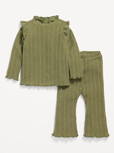 Cozy Long-Sleeve Ribbed Ruffle-Trim Top and Pants Set for Baby