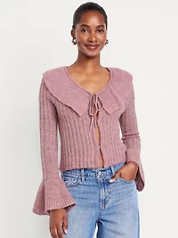 Wool-Blend Ruffle Tie-Front Cropped Cardigan