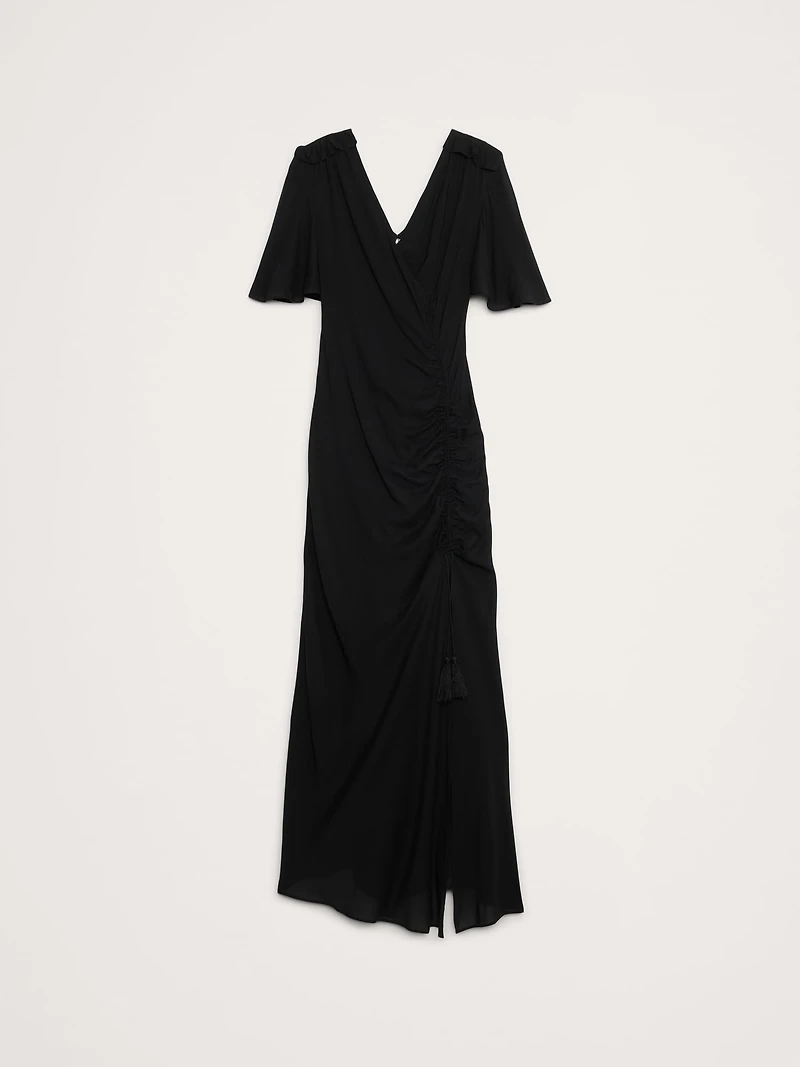 Stretch-Crepe Flutter-Sleeve Maxi Dress