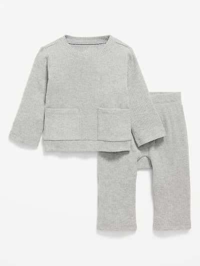 Long-Sleeve Ribbed Pocket T-Shirt and Pants Set for Baby