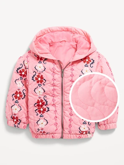 Printed Quilted Pocket Twill Jacket for Toddler Girls