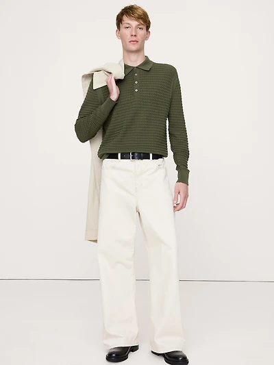 Textured Cotton Long-Sleeve Sweater Polo