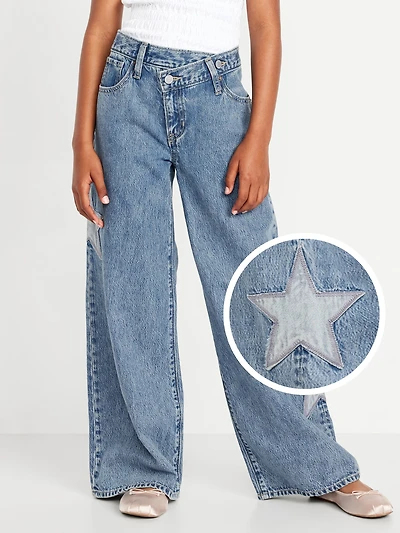 Super Baggy Embroidered Crossover Wide-Leg Jeans for Girls