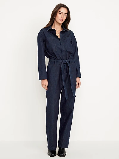 Long-Sleeve Denim Jumpsuit