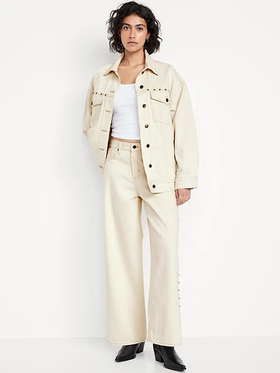 High-Waisted Baggy Wide-Leg Studded Jeans