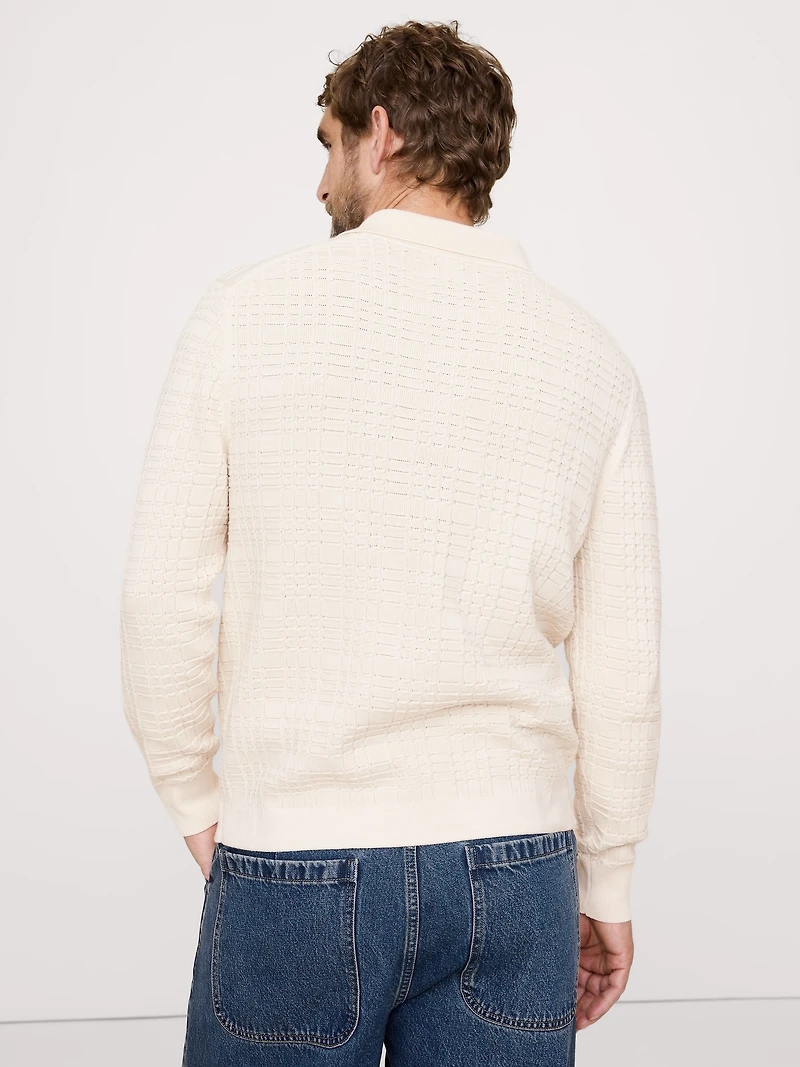 Plaid Texture Cotton Polo Cardigan