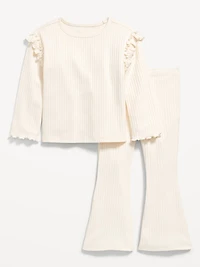 Long-Sleeve Ruffle-Shoulder Top and Flare Leggings Set for Toddler Girls