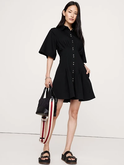 Stretch-Cotton Poplin Pintuck Shirt Dress
