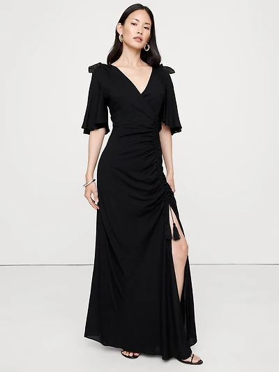 Stretch-Crepe Flutter-Sleeve Maxi Dress