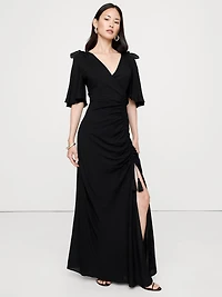 Stretch-Crepe Flutter-Sleeve Maxi Dress