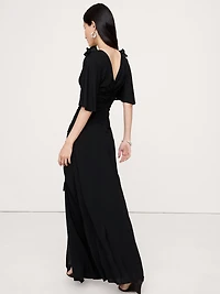 Stretch-Crepe Flutter-Sleeve Maxi Dress