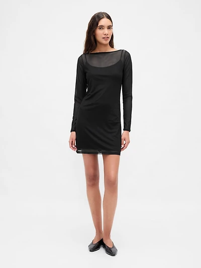 Mesh Boatneck Mini Dress