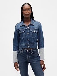 Pin-Cuff Crop Icon Denim Jacket