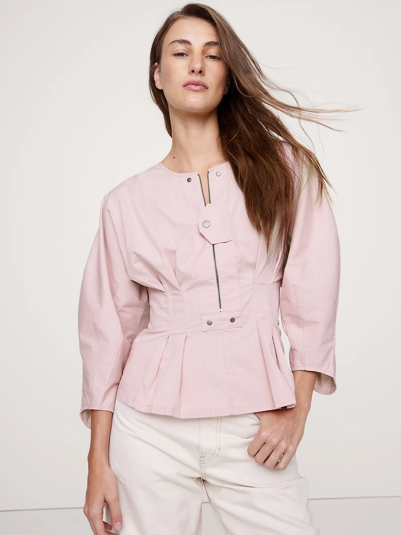 Stretch-Cotton Utility Peplum Top