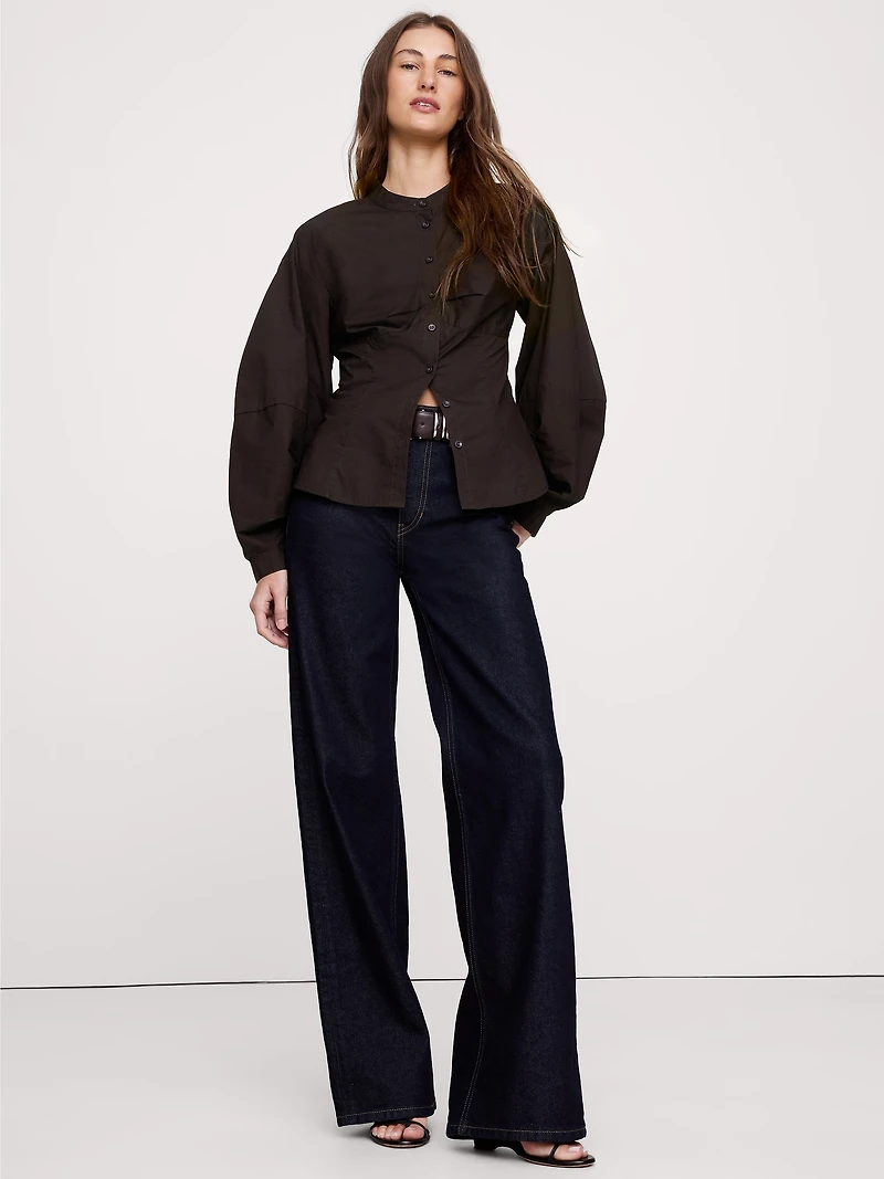 Cotton Poplin Balloon-Sleeve Shirt