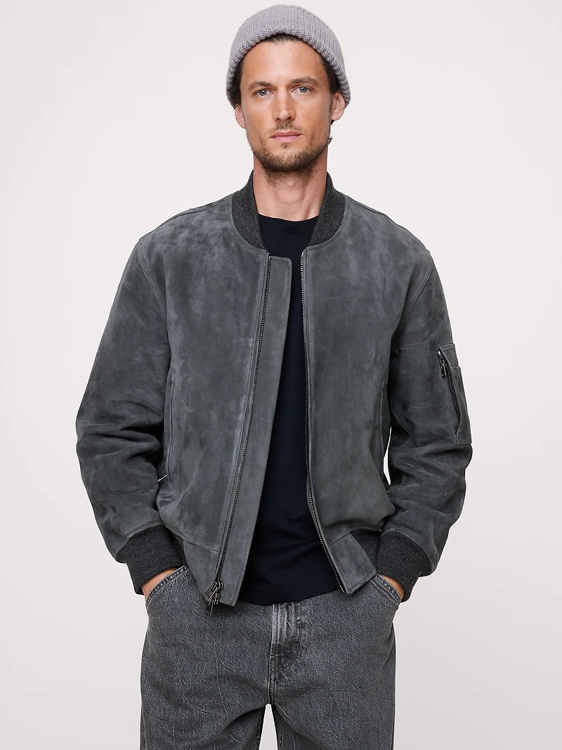 Suede Bomber Jacket with Quilted Lining