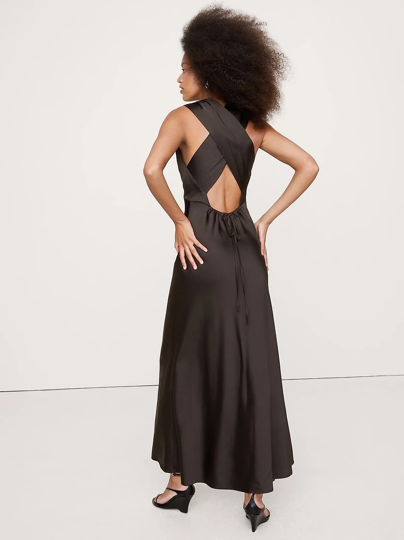 Stretch-Satin Cross-Back Maxi Dress