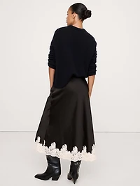 Stretch-Satin Lace-Hem Midi Skirt
