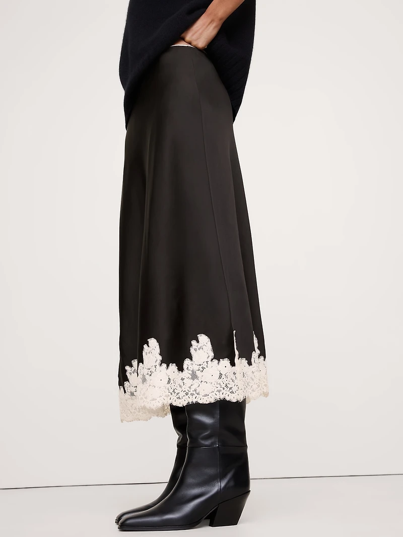 Stretch-Satin Lace-Hem Midi Skirt