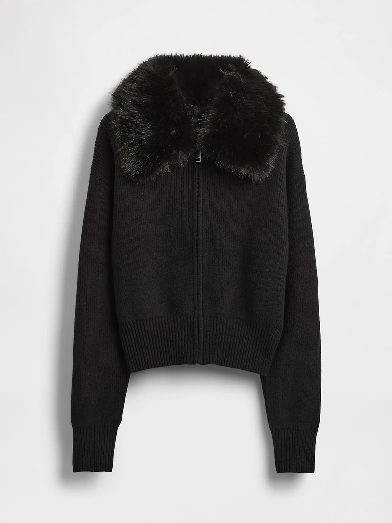 CashSoft Faux-Fur Collar Zip Cardigan Sweater