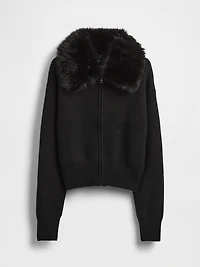 CashSoft Faux-Fur Collar Zip Cardigan Sweater