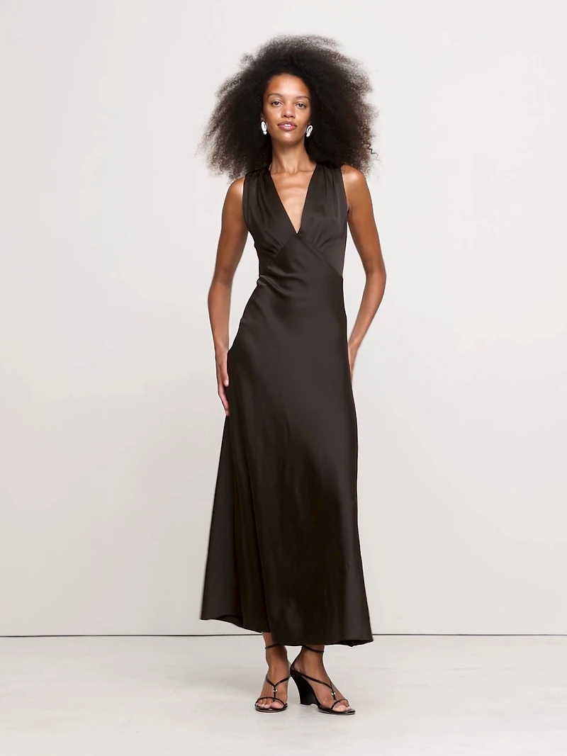 Stretch-Satin Cross-Back Maxi Dress