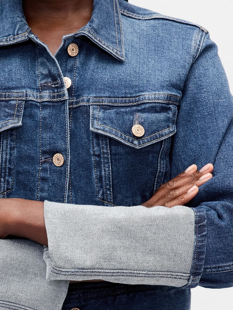 Pin-Cuff Crop Icon Denim Jacket