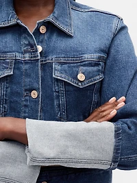 Pin-Cuff Crop Icon Denim Jacket