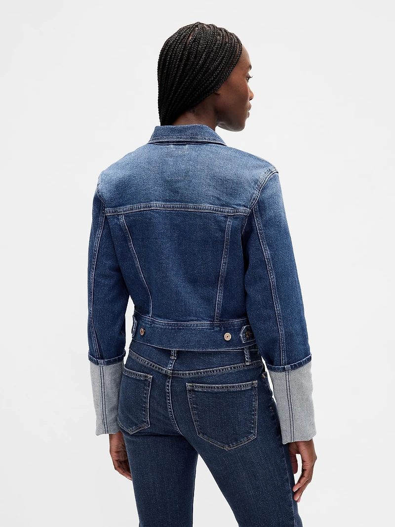 Pin-Cuff Crop Icon Denim Jacket