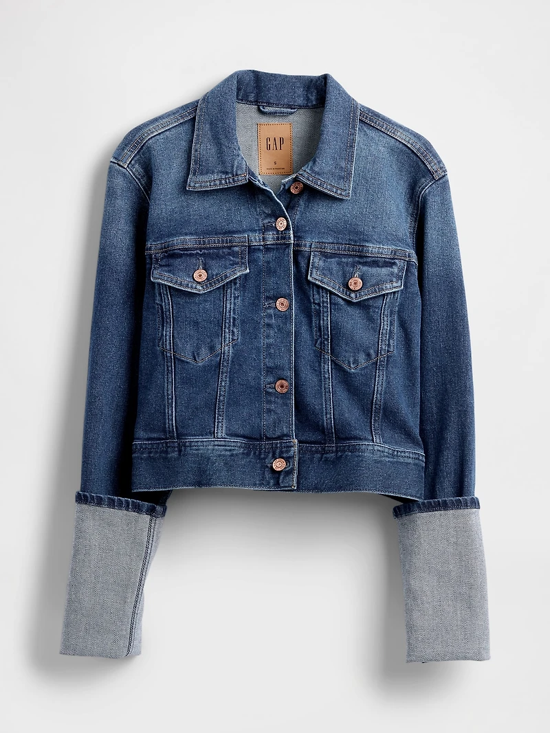 Pin-Cuff Crop Icon Denim Jacket