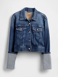 Pin-Cuff Crop Icon Denim Jacket