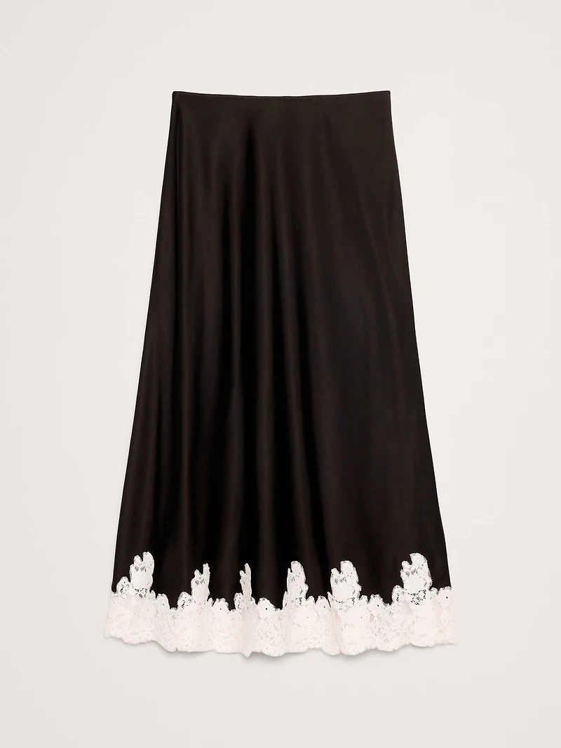 Stretch-Satin Lace-Hem Midi Skirt