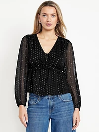 Waist-Defined Ruffle-Trim Clip-Dot Top