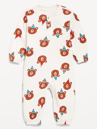 Printed Long-Sleeve Henley Waffle-Knit One-Piece for Baby