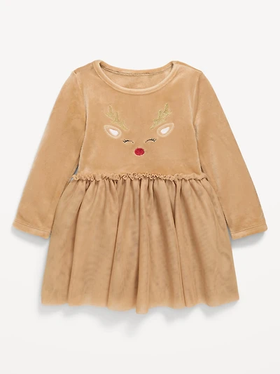 Long-Sleeve Fit and Flare Velour Holiday Tutu Dress for Baby