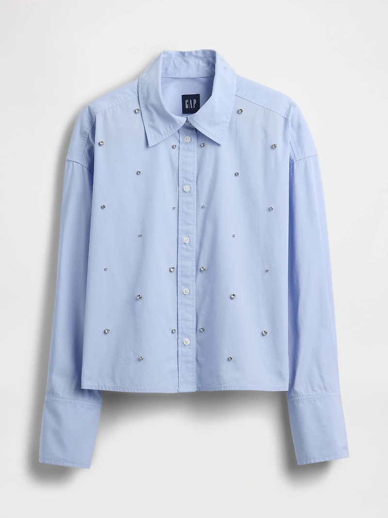 Organic Cotton Embellished Straight-Hem Crop Shirt