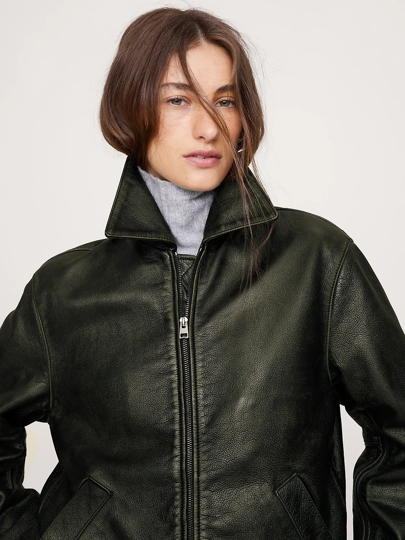 Oversized Distressed Leather Bomber Jacket