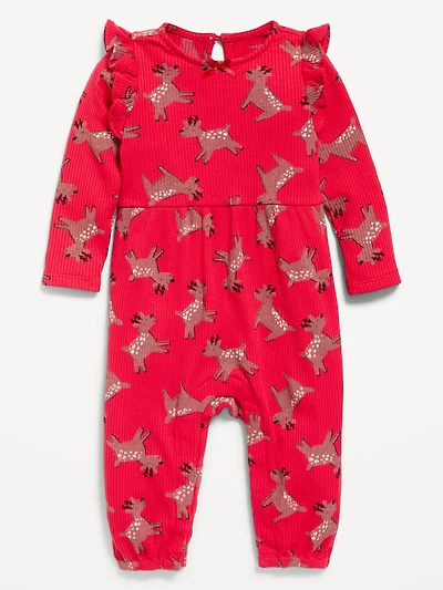 Long-Sleeve Ruffle-Trim Ribbed Jumpsuit for Baby