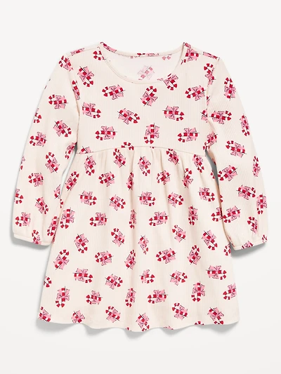 Printed Long-Sleeve Ribbed Dress for Toddler Girls
